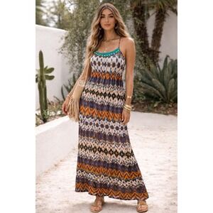 Mossimo Supply Co Multicolor Boho Maxi Dress Size M Beaded Crochet Neckline